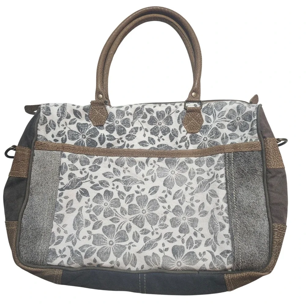 Myra Bag Amaryllis Upcycled Canvas & Cowhide Messenger Bag Rustic Western - Picture 1 of 13